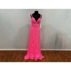 Sherri Hill 56033 Corset Back Off the Shoulder Gown Bright Pink Sz 12 NWOT